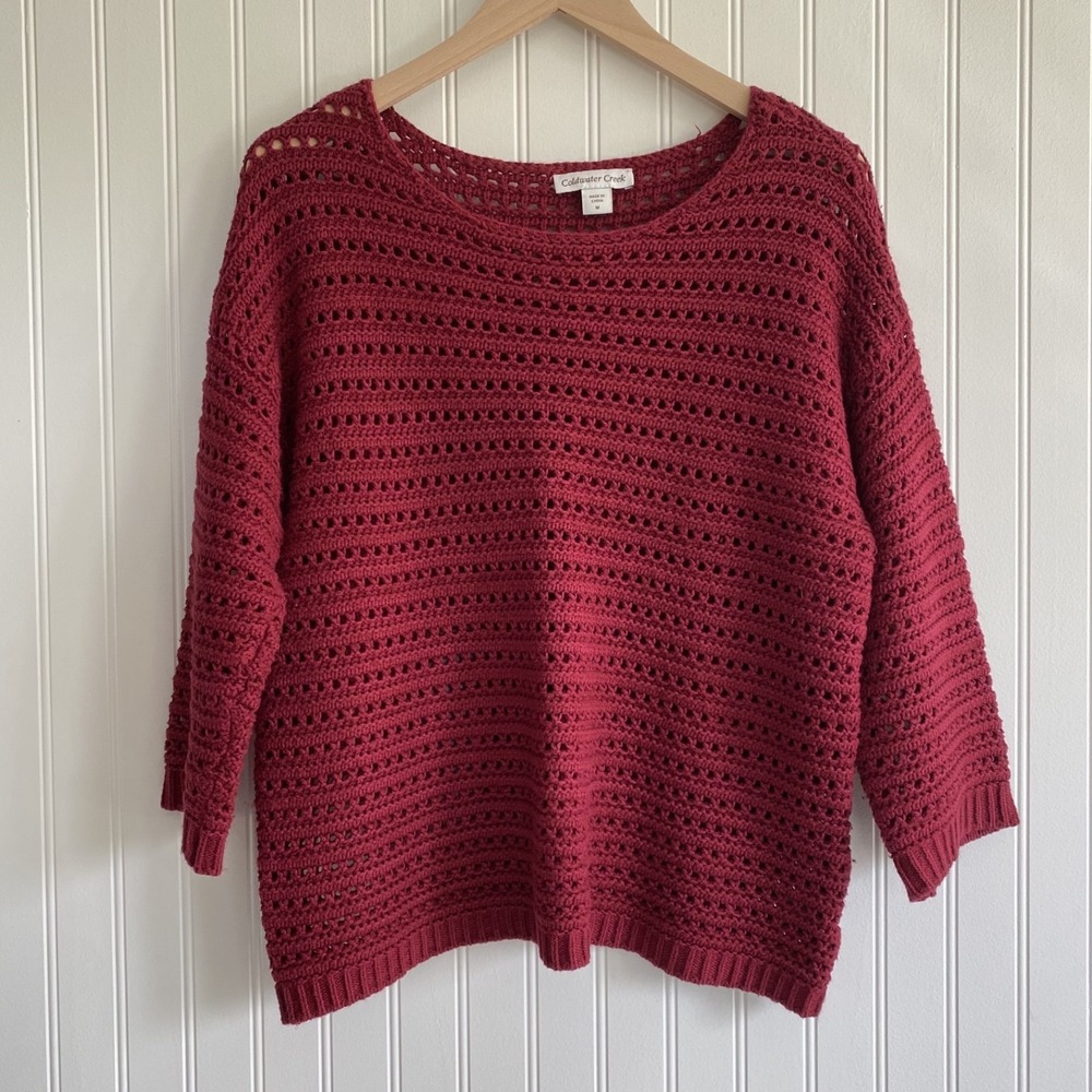Coldwater Creek Womens Open Knit Sweater Size M Nautical Fisherman Crochet Red